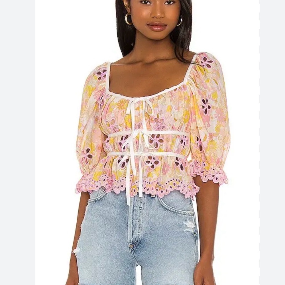 For Love & Lemons Pink and Yellow Floral  Eyelet Tie-Front Top
